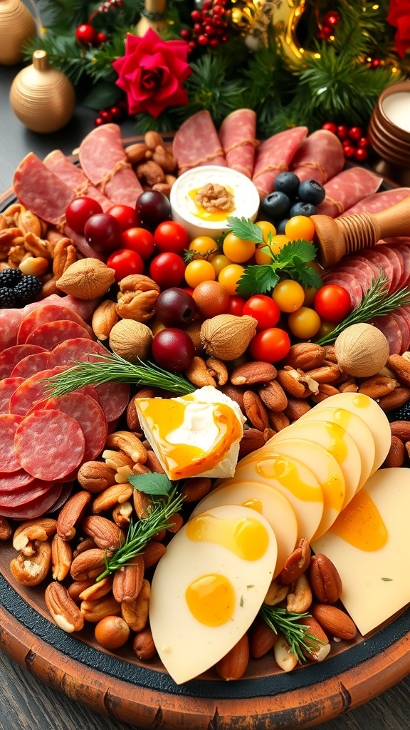 A festive charcuterie board with meats, cheeses, fruits, and nuts, decorated for Christmas.